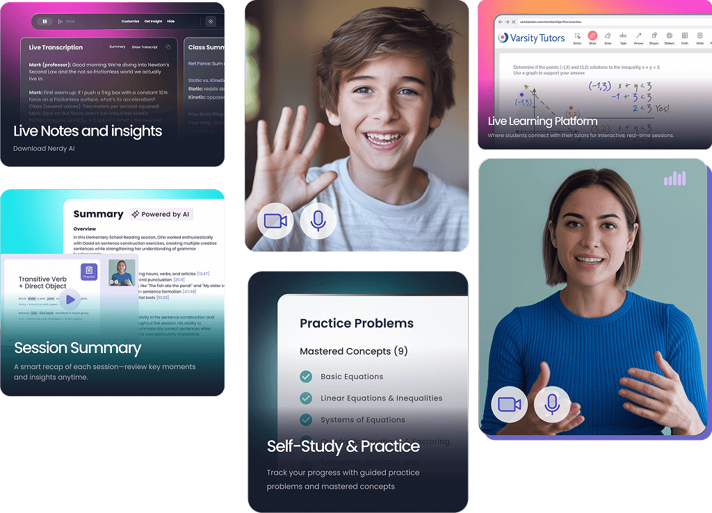Collage showing AI-powered online tutoring with live video, class notes, session summaries, and practice problems