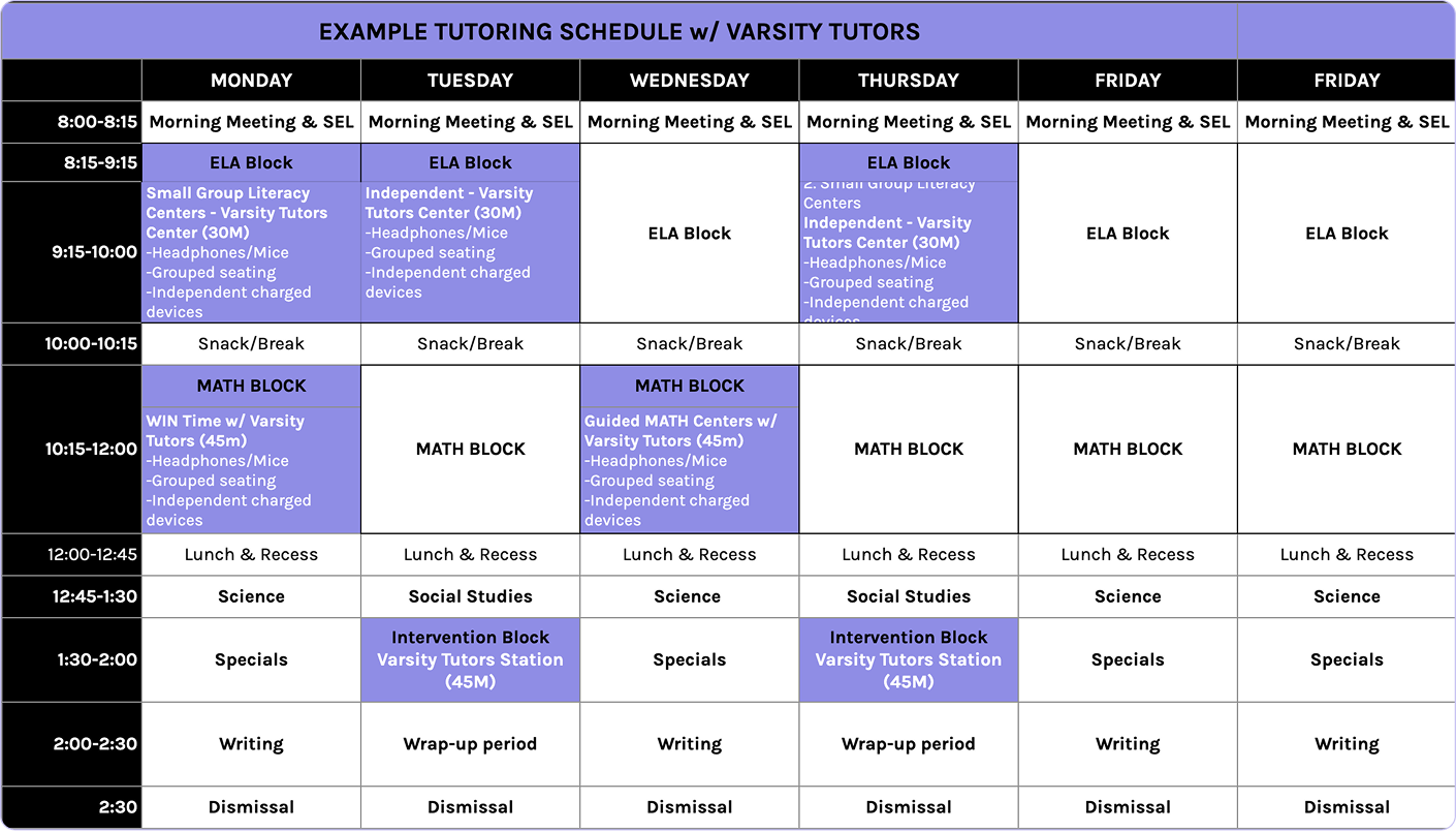 High-dosage tutoring scheduling interface showing flexible in-school program options